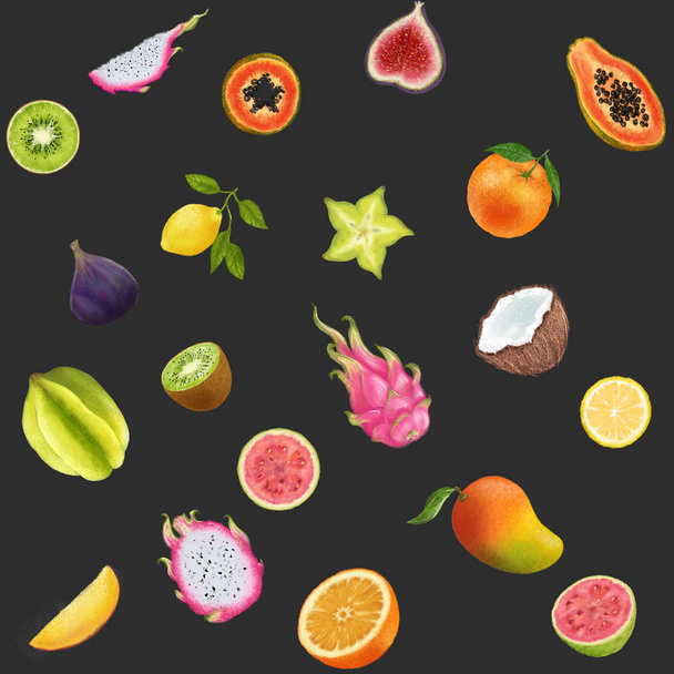 Tropikalne owoce ilustracja na ciemnym tle. Owoc smoka, kiwi, papaja, carambola, owoc gwiazdkowy, cytryna, pomarańczowy, figowy, guawa, kokosowy, mango - Zdjęcie, obraz