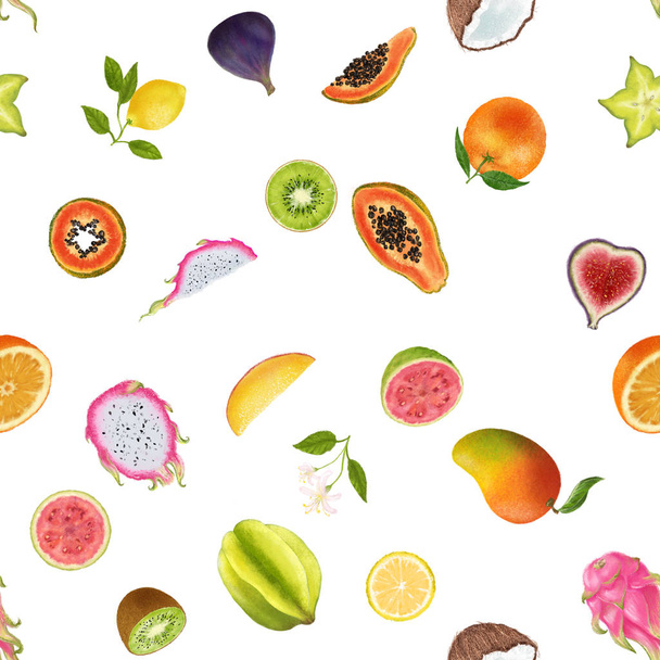 Illustration de fruits tropicaux sur fond blanc. Modèle sans couture, Dragon fruit, kiwi, papaye, carambola, star fruit, citron, orange, figue, goyave, noix de coco, mangue
 - Photo, image