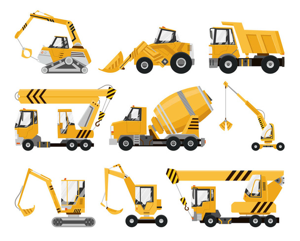 Big set of construction equipment. Special machines for the construction work. Forklifts, cranes, excavators, tractors, bulldozers, trucks. Special equipment. Road repair. Commercial Vehicles. - Vector, Image