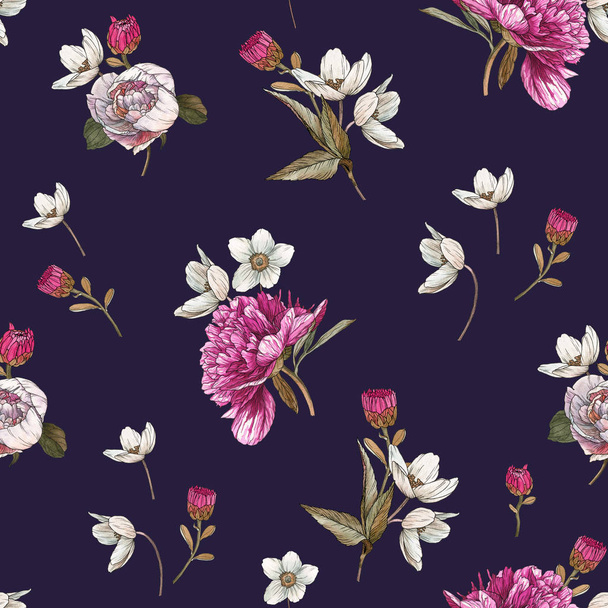 Floral seamless pattern with watercolor peonies and anemones - Zdjęcie, obraz