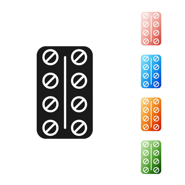 Black Pills in blister pack icon isolated on white background. Medical drug package for tablet: vitamin, antibiotic, aspirin. Set icons colorful. Vector Illustration - Vector, Image