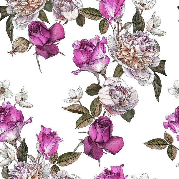 Floral seamless pattern with watercolor roses and peonies - Фото, изображение