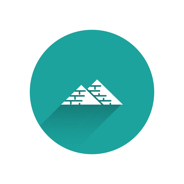 Ícone de pirâmides do Egito branco isolado com sombra longa. Símbolo do antigo Egipto. Botão de círculo verde. Ilustração vetorial
 - Vetor, Imagem