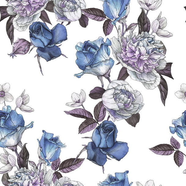 Floral seamless pattern with watercolor roses and peonies - Foto, Imagen