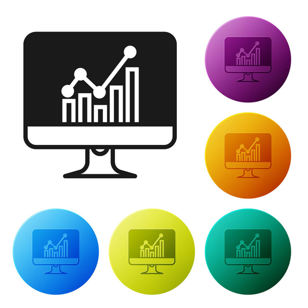 Black Computer monitor with graph chart icon isolated on white background. Report text file icon. Accounting sign. Audit, analysis, planning. Set icons colorful circle buttons. Vector Illustration - Vector, Image