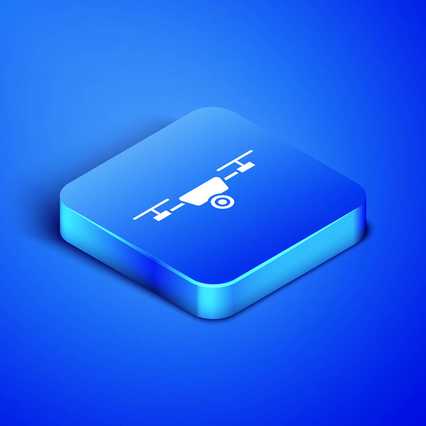 Isometric Drone flying with action video camera icon isolated on blue background. Quadrocopter with video and photo camera symbol. Blue square button. Vector Illustration - Vettoriali, immagini