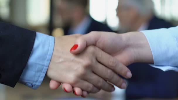 Empresaria estrechando la mano con su pareja masculina, la contratación de empleados femeninos primer plano
 - Metraje, vídeo