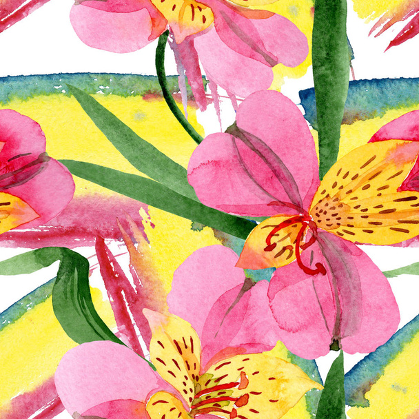 rosa Alstroemeria florale botanische Blüten. Aquarell Hintergrundillustration Set. nahtloses Hintergrundmuster. - Foto, Bild
