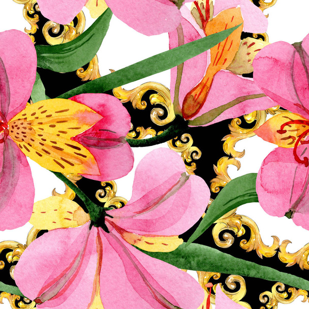 Pink alstroemeria floral botanical flowers. Watercolor background illustration set. Seamless background pattern. - Foto, Imagem