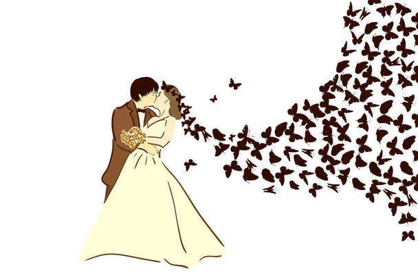 Silueta de Novia y Novio. Muchas mariposas voladoras. Ilustración vectorial
 - Vector, Imagen