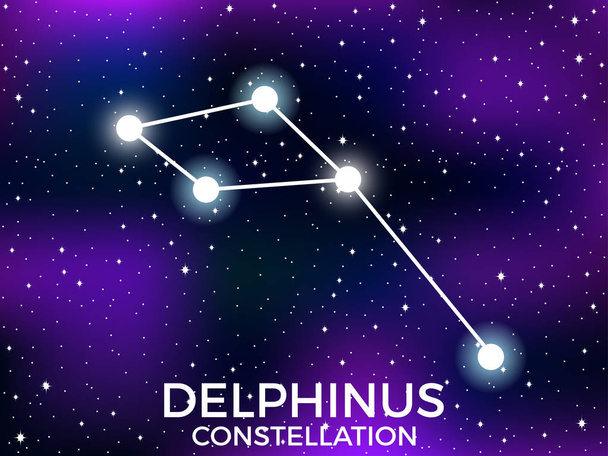 Delfinuksen tähtikuvio. Tähtitaivas. Tähtien ja galaksien ryhmä. Syvälle avaruuteen. Vektoriesimerkki
 - Vektori, kuva