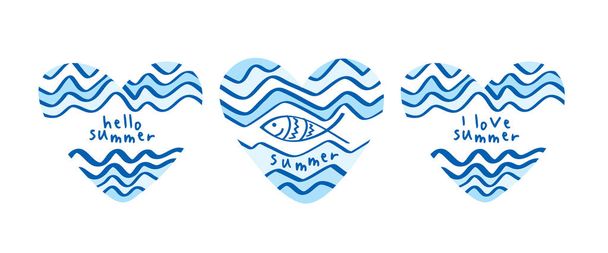 Símbolos del verano. Corazones con peces y rayas azules
. - Vector, Imagen