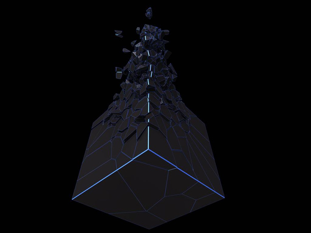 Αφηρημένο μαύρο σχήμα κύβου με μπλε λάμψη περιγράμματα που σπάνε σε εκατοντάδες μικρά κομμάτια - Φωτογραφία, εικόνα