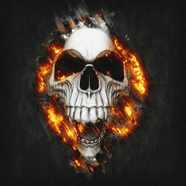 Creepy smiling skull exploding from the metal background - 3D Illustration - Foto, afbeelding