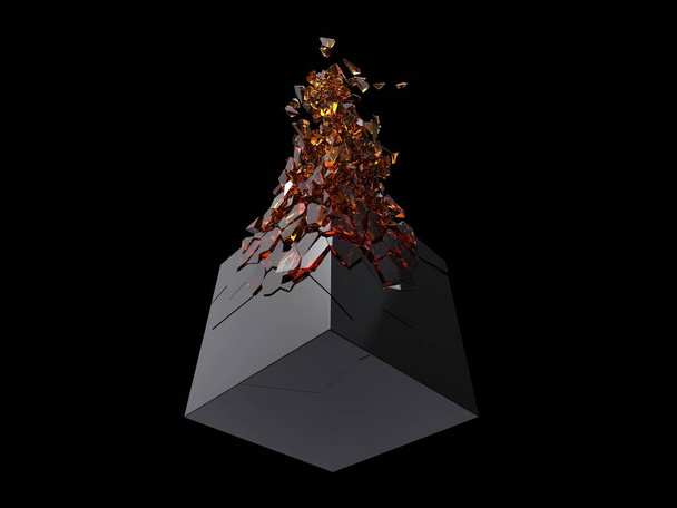 Glanzende zwarte kubus verbrijzelen in kleine Amber kristallen - Foto, afbeelding