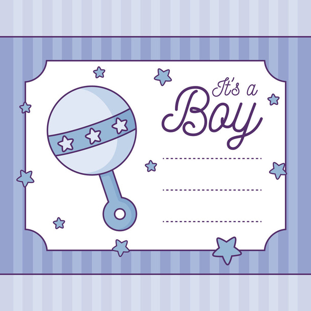 cartão de chuveiro do bebê é um menino com chocalho
 - Vetor, Imagem