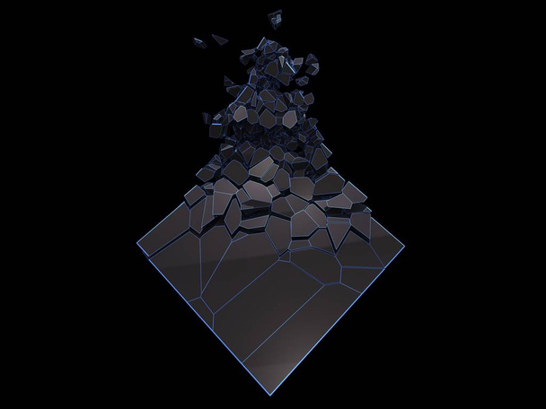 Forma de cubo negro con contornos de brillo azul que se rompen en cientos de piezas pequeñas
 - Foto, imagen