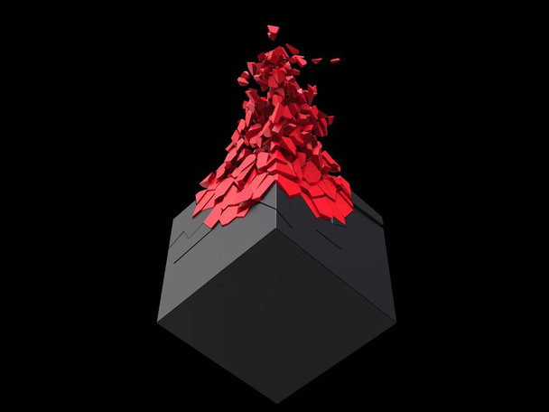 Cubo negro mate explotando en pequeños fragmentos rojos
 - Foto, imagen