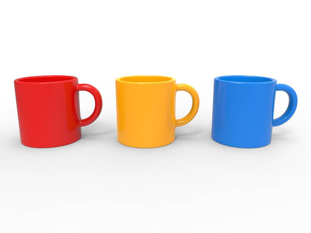 Red, yellow and blue coffee mugs side by side - 3D Illustration - Photo, Image