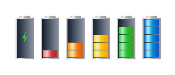 High to low power batteri charged energy indicator level set with recharging icon. Empty to full battery indicating red orange yellow blue green cylinders. Vector batteries illustration - Vector, Image