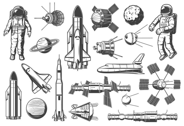 Astronomy and outer space, rockets shuttles icons - Vector, Image