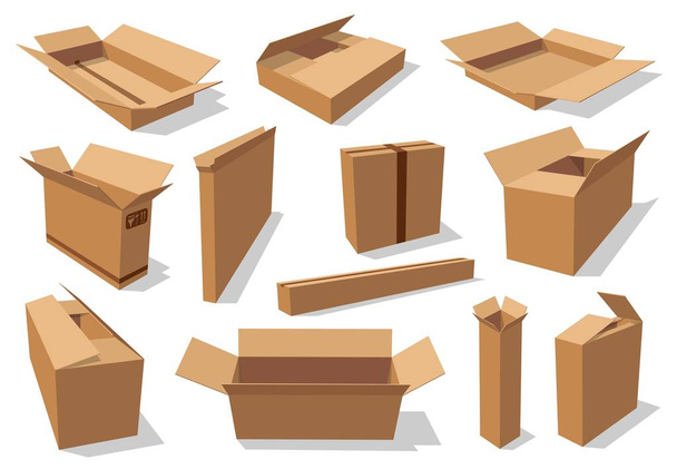 Cardboard packaging containers, empty carton boxes - Vector, Image