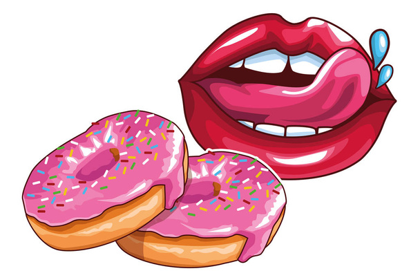leckere Donuts und sexy Lippen - Vektor, Bild