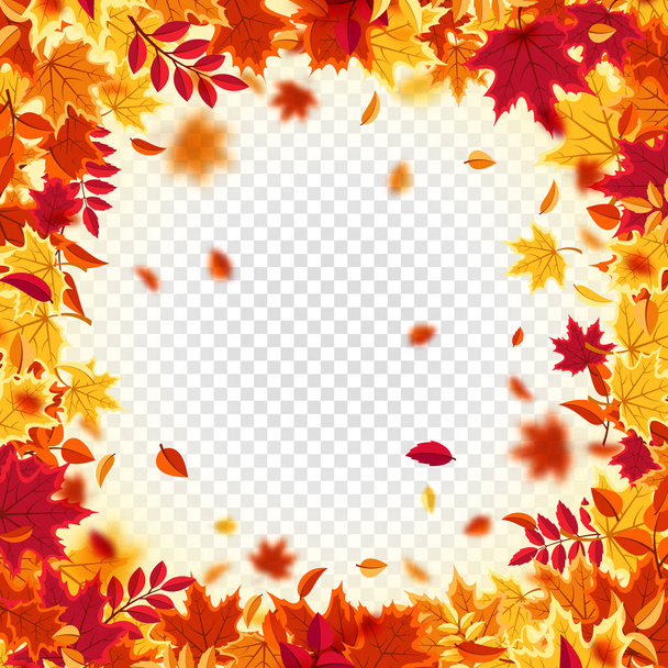Folhas que caem no outono. Natureza fundo com vermelho, laranja, folhagem amarela. Folha voadora. Venda de temporada. Ilustração vetorial. - Vetor, Imagem