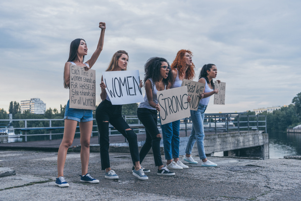 συναισθηματικά πολυπολιτισμικά κορίτσια που κρατούν πλακάτ και ουρλιάζουν έξω  - Φωτογραφία, εικόνα