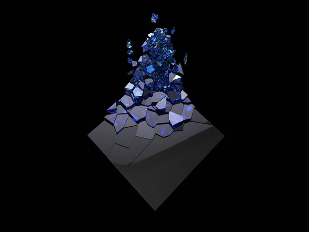 glänzender schwarzer Würfel zerbricht in kleine blaue Saphirkristalle - Foto, Bild