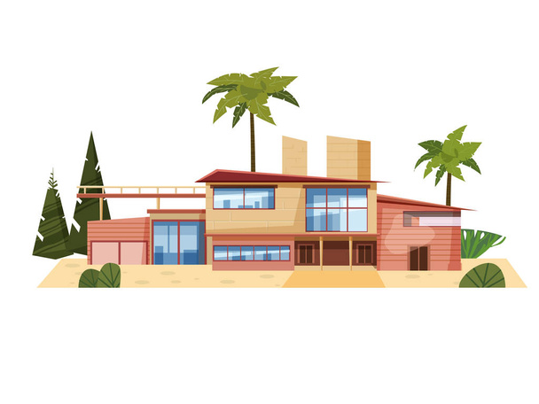 Moderne Villa auf Residenz, teure Villa Palmen. Luxus-Ferienhaus außen. Zeichentrickvektorillustration - Vektor, Bild
