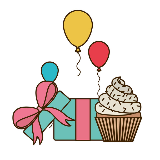 viering met gift box en cake op witte achtergrond - Vector, afbeelding