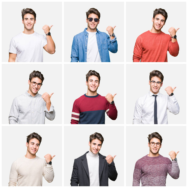 Collage of young handsome business man over isolated background smiling with happy face looking and pointing to the side with thumb up. - Photo, Image