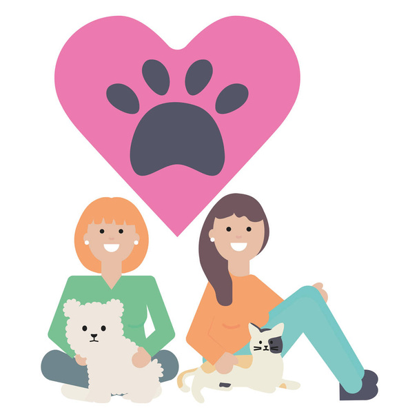 mulheres jovens com mascotes de gato e cachorro bonitos
 - Vetor, Imagem