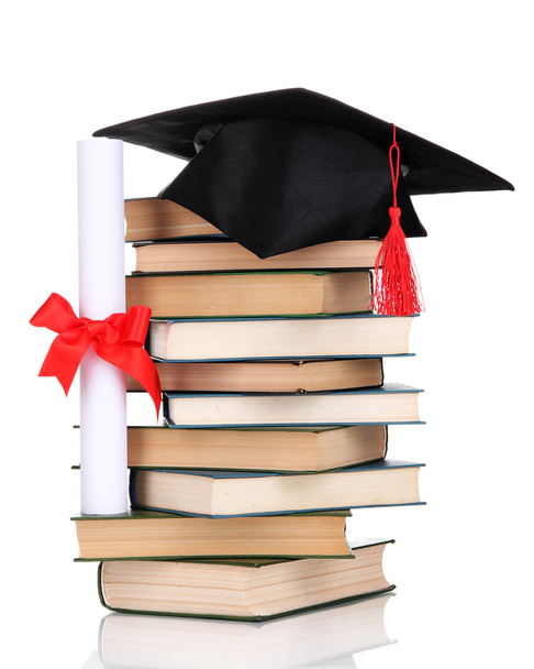 Grad hat with diploma and books isolated on white - Fotoğraf, Görsel