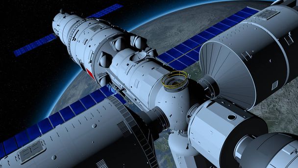 View of TIANGONG 3 - Chinese space station orbiting the planet Earth on black space with stars background. 3D Illustration - Photo, Image