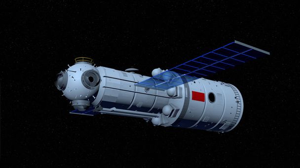 Modelo 3D do módulo principal TIANHE do TIANGONG 3 - Estação espacial chinesa voando no espaço negro com fundo de estrelas. Ilustração 3D
 - Foto, Imagem