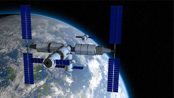天安3の天河コアモジュールに結合する方向に深州有人宇宙船 - 星の背景を持つ黒い空間の後ろに惑星地球と中国の宇宙ステーション。3Dイラスト - 写真・画像