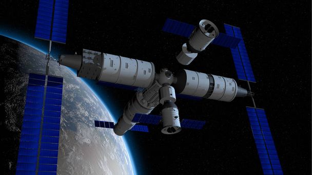 Shenzhou a piloté un vaisseau spatial dans le sens du couplage avec le module central TIANHE de TIANGONG 3 - Station spatiale chinoise avec la planète Terre derrière sur un espace noir avec des étoiles en arrière-plan. Illustration 3D
 - Photo, image