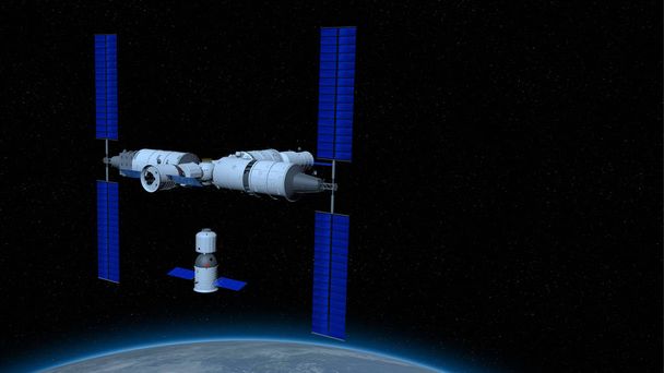 Shenzhou a piloté un vaisseau spatial dans le sens du couplage avec le module central TIANHE de TIANGONG 3 - Station spatiale chinoise avec la planète Terre en dessous sur un espace noir avec des étoiles en arrière-plan. Illustration 3D
 - Photo, image