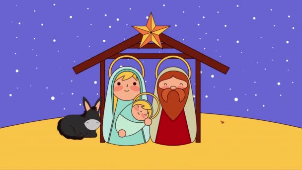 cute Świętej rodziny w stajni ze zwierzętami Manger znaków - Materiał filmowy, wideo