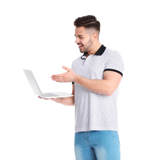 Happy man with laptop on white background - Foto, afbeelding