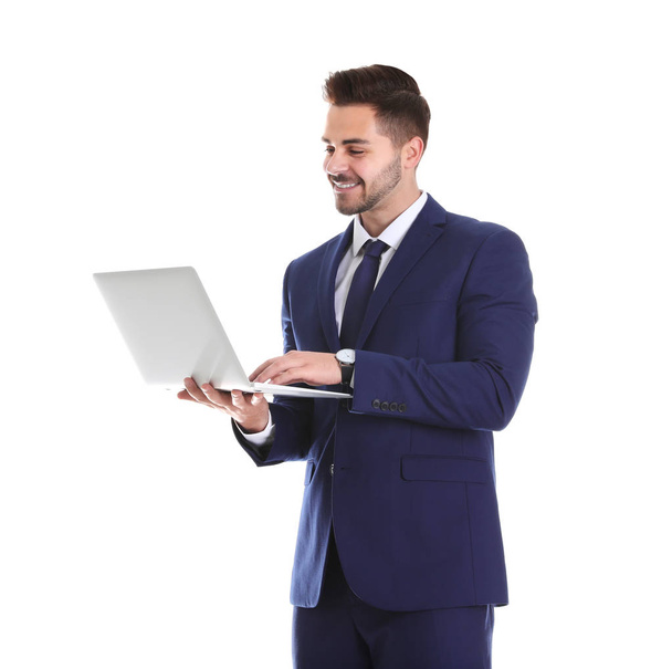 Young man with laptop on white background - Foto, immagini