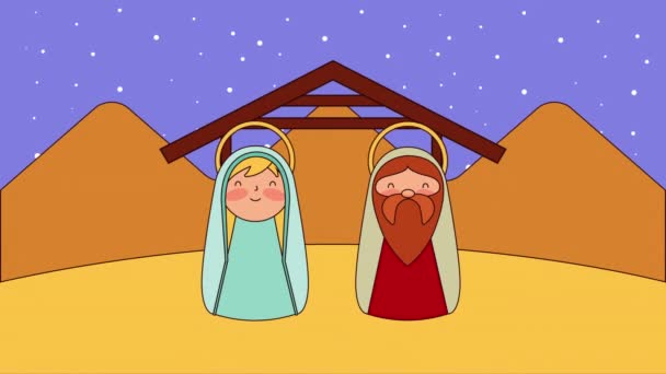 cute holy family in stable manger characters - Footage, Video