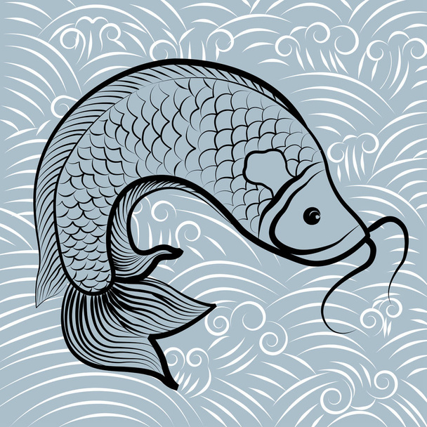 Koi peces olas círculos de agua patrón de diseño vectorial chino japonés. Mano dibujada de pescado aislado. Pescado koi. Carpas chinas
. - Vector, imagen