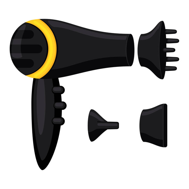 Cartoon black hairdryer with nozzles set - Vektor, Bild