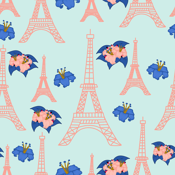Pink Tour Eiffel and flowers in a seamless pattern design - Vector, Image