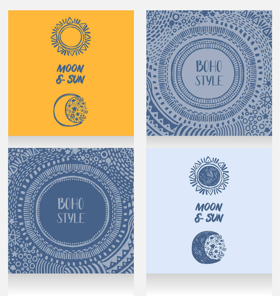 Jeu de cartes avec des symboles de lune et de soleil et des cadres de style boho, jaune et bleu, illustration vectorielle de style croquis
 - Vecteur, image
