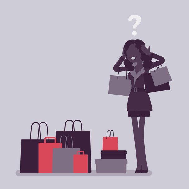 Shopaholic γυναίκα αγοράζει πάρα πολύ - Διάνυσμα, εικόνα