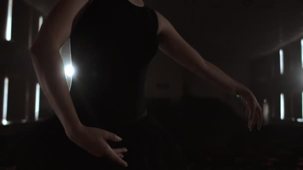 Η επιχείρηση μπαλέτου σε ένα σκοτεινό φόρεμα σε μια σκοτεινή σκηνή θεάτρου που κάνει πρόβες στον καπνό εκτελεί χορευτικές κινήσεις σε αργή κίνηση - Πλάνα, βίντεο